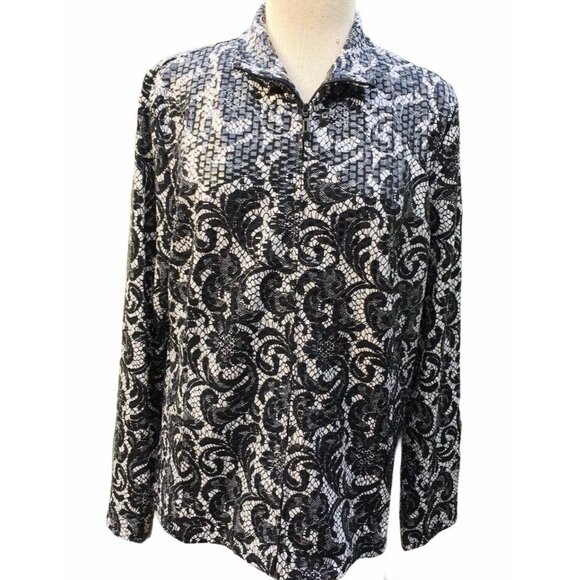 Laura Ashley Jackets & Blazers - Laura Ashley Jacket Women Sz L Full Zip Black White Paisley Shiny Boxy Collar